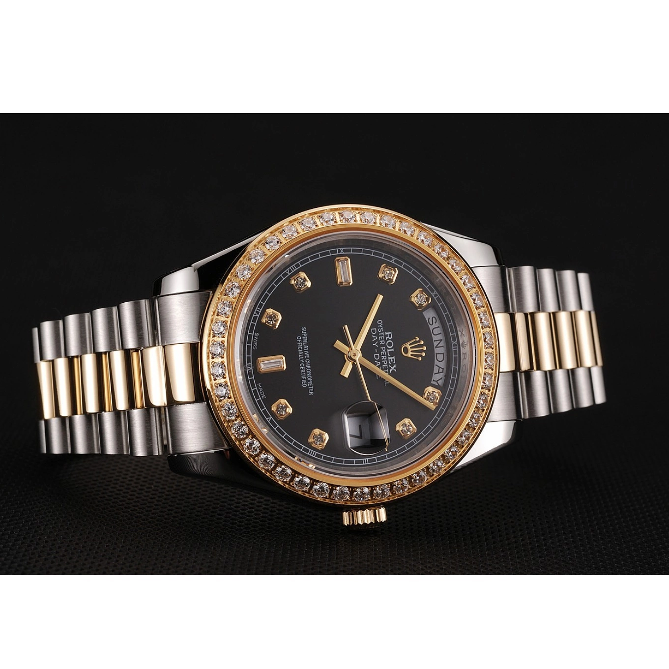 Aaa replica watch Dial Steel Gold Tone Swiss Bracelet Two 1453976 Stainless Rolex Case Diamond Day-Date Black 0726